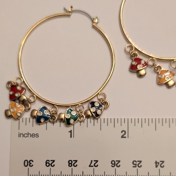 Gold Hoop Earrings with Colorful Mushroom Charms - Picture 3 of 5